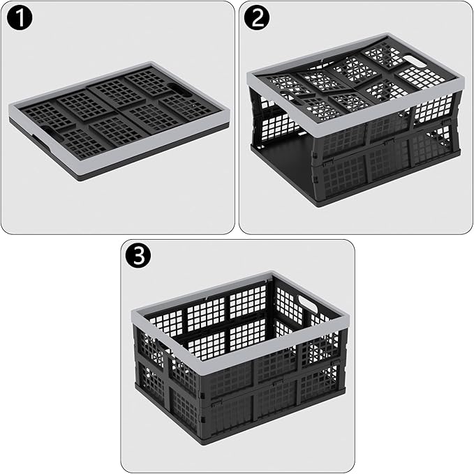 30L Large Plastic Folding Storage Crates, Collapsible Crates for Storage, Pack of 3 (Black)