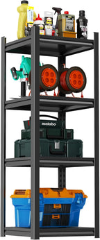 Garage Shelving Units, Heavy Duty 4-Tier Storage Shelves, Metal Adjustable Storage Rack, Steel Shelves, 2750 lbs Capacity, Industrial Shelving for Heavy Tools (Black, 4TIER 9.8"D×15.7"W×44"H, 4TIER)
