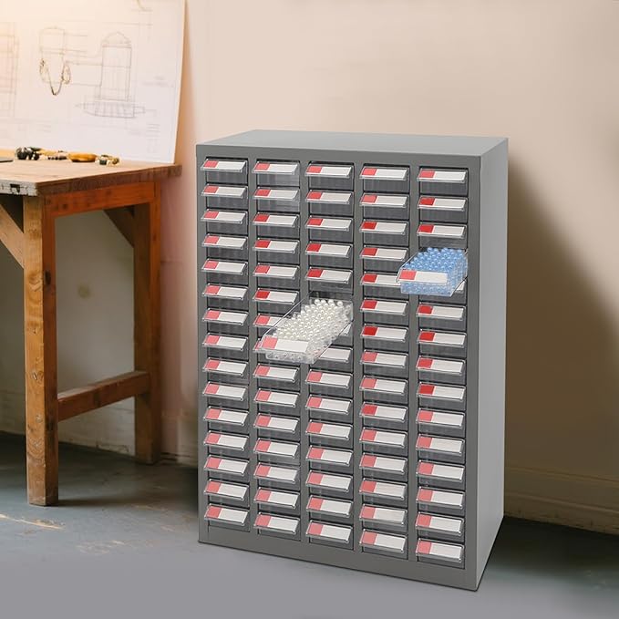 75 Drawer Parts Cabinet,Metal Tool Cabinet with Each Drawer 5.5 Lbs Load ,Bolt and Nut Tool Storage Box with Hooks , Material Cabinet for Hardware Stores, Warehouses, Car Repair Shops(Grey & Clear)