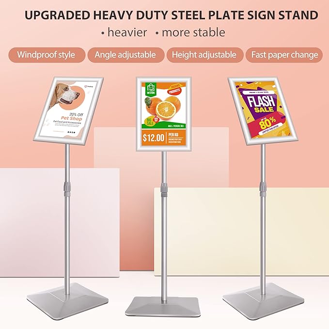 8.5"x11" Pedestal Poster Sign Stand with Heavy Duty Base, Adjustable Sign Holder Standing Floor Sign Stand for Office,Store,School,Church,Public Sign Displayed Stands, Silver
