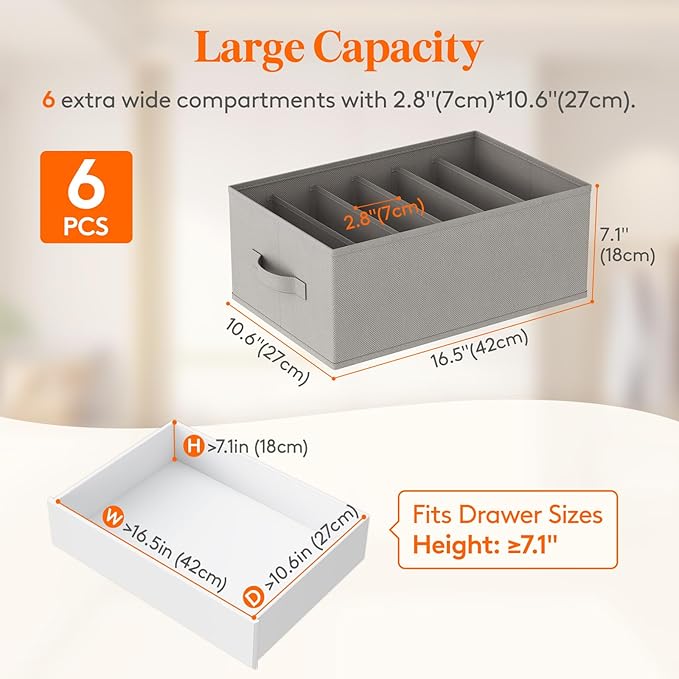 Lifewit 6 Pack Clothes Organizer, 6 Grids Closet Jean Storage Bins with Handles and Support Boards, Foldable Drawer Organizer for Sweater, Pants, T-shirt, Dress, Grey, Size 16.5''x10.6''x7.1''