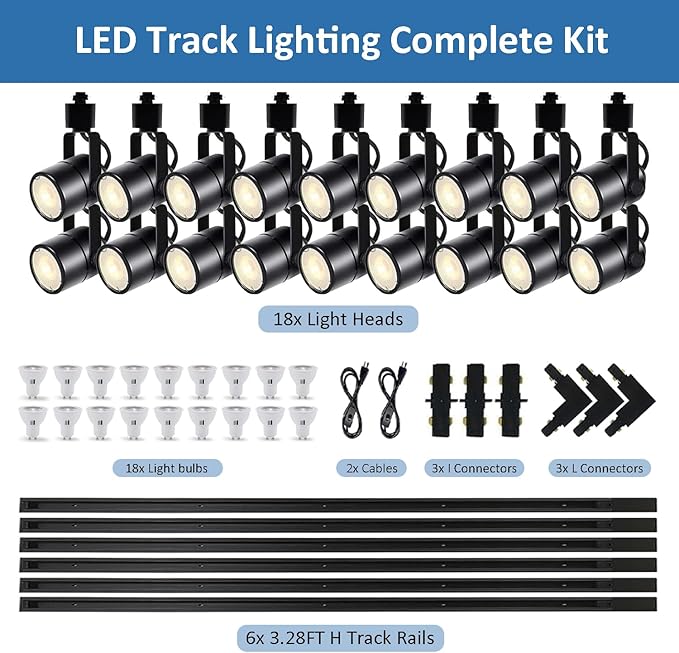 LED Track Lighting Kit, 3CCT 10W Track Lights Heads 3000K/4000K/6000K Adjustable with 19.68FT H-Type Track Light Rails 18PCS Ceiling Spotlight Fixture Replaceable GU10 Bulb