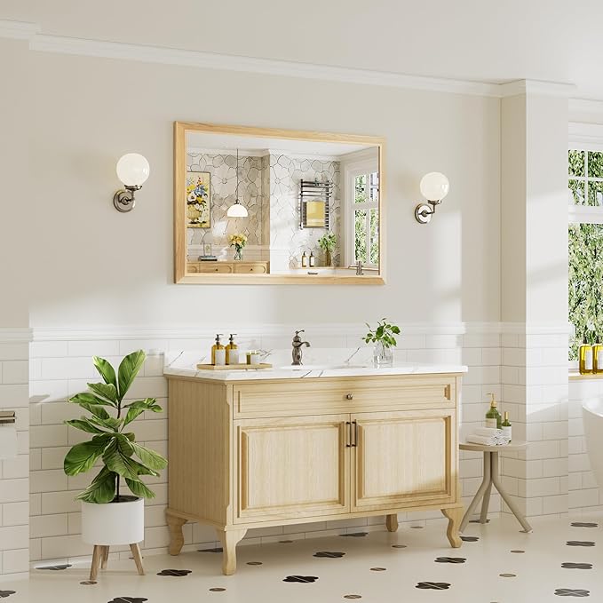 48x30 Inch Bathroom Mirror for Wall, Anti-Rust Oak Wood Grain Metal Framed Bathroom Mirrors for Over Sink,Rectangler Mirrors for Bathroom Vanity, Farmhouse, Bedroom, Living Room, Entryway Decor