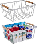 White wire baskets for organizing with Wooden Handle,Metal Wire Storage Baskets Country Vintage Style Snack Baskets. pantry organizers and storage，Kitchen,Bedroom,Bathroom,White,Set of 2