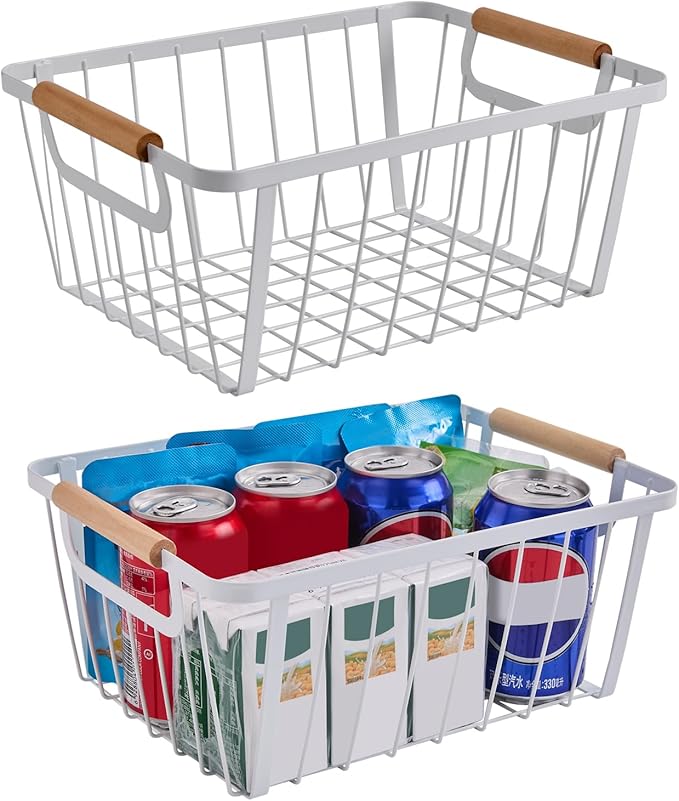 White wire baskets for organizing with Wooden Handle,Metal Wire Storage Baskets Country Vintage Style Snack Baskets. pantry organizers and storage，Kitchen,Bedroom,Bathroom,White,Set of 2