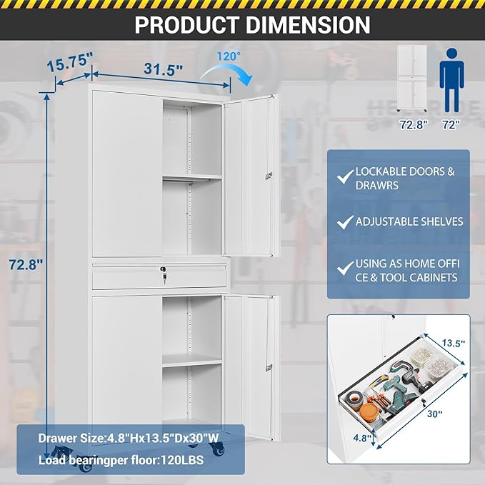 73" Metal Cabinet-White Heavy Duty Rolling Storage Cabinet Steel Tool Cabinets with Wheels, Shelves, Lockable Doors and Drawers- for Garage, Pantry, Warehouse Home Office- Assembly Required