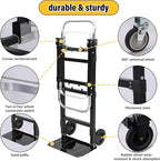 Upgraded 3 in 1 Folding Hand Truck, 600lbs Capacity, Heavy Duty Convertible Dolly with Retractable Handle and 4 Rubber Wheels, Collapsible Cart for Moving Home, Office, Warehouse (Black)