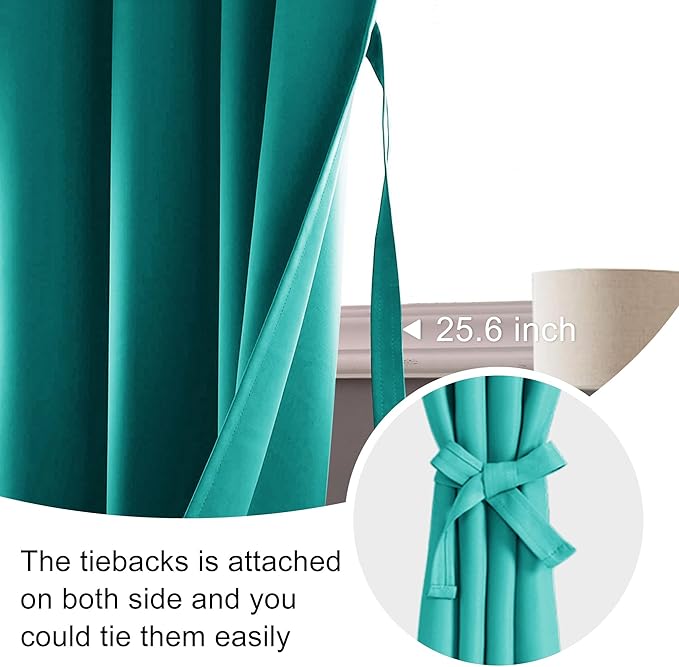 JIUZHEN Blackout Curtains for Bedroom– Thermal Insulated,Noise Reducing Room Darkening Privacy Drapes for Living Room, Set of 2 Panels with Tiebacks, 42 x 84 inch Long, Peacock Blue