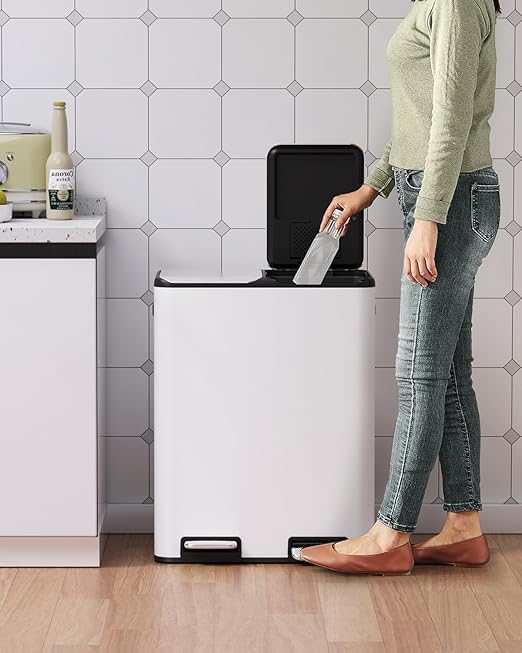 Arlopu 16Gal Dual Trash Can w/2 Built-in Box for Odor Control, Hands-Free Kitchen Garbage Bin, Recycle Waste Dustbin, Soft-Close Lid, 2 Buckets,Foot Pedal, Side Handle, Airtight,for Home (White)