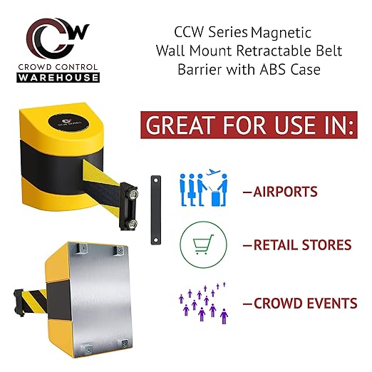 Crowd Control Warehouse - CCW Series WMB-220 Magnetic Wall Mount Retractable Belt Barrier - 15 Foot, Dark Grey Belt with Yellow ABS Case