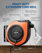 DEWENWILS 75 FT Retractable Extension Cord Reel with 6 Grounded Outlets, 14/3C SJTOW Heavy Duty Power Cord with New Twist-Lock Stopper, Lighted Triple Tap, 10A Circuit Breaker, ETL Listed