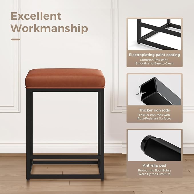 MAISON ARTS Counter Height 24 Inch Bar Stools Set of 4 for Kitchen Counter Backless Modern Barstools Industrial Upholstered Faux Leather Stools Farmhouse Island Chairs, Brown