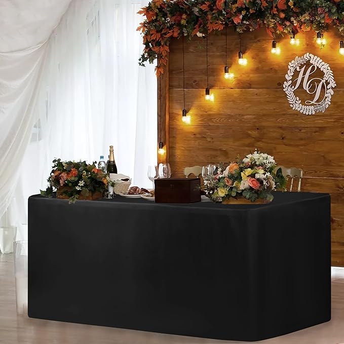 HolidayIdeas Fitted Table Clothes, 4 Pack - 48 x 24 Inch - Black Rectangle Tablecloths for 4 Foot Tables, Fabric Tablecloth for Vendor Stand, Trade Show, Parties, Banquet