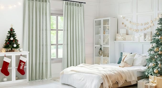 Vision Home Soft Green Pinch Pleated Semi Sheer Curtains Textured Linen Blended Light Filtering Window Curtains 95 inch for Living Room Bedroom Pinch Pleat Drapes with Hooks 2 Panels 40" Wx95 L