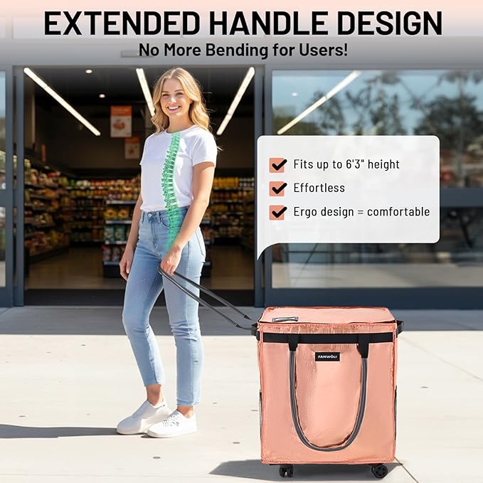 (Medium) Fanwoli Reusable Grocery Bag On Wheels with Removable Liner | Wrinkle-Resistant Fabric | Enhanced Stability Wheels & Extended Handle | Foldable Shopping Trolley for Laundry, Carries Up to 66L