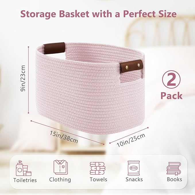 Cotton Rope Basket, Storage Baskets with Handle, 15x10x9 Inch Woven Basket for Shelves, Laundry, Towels, Clothes, Books (Light/Pink 2Pack)
