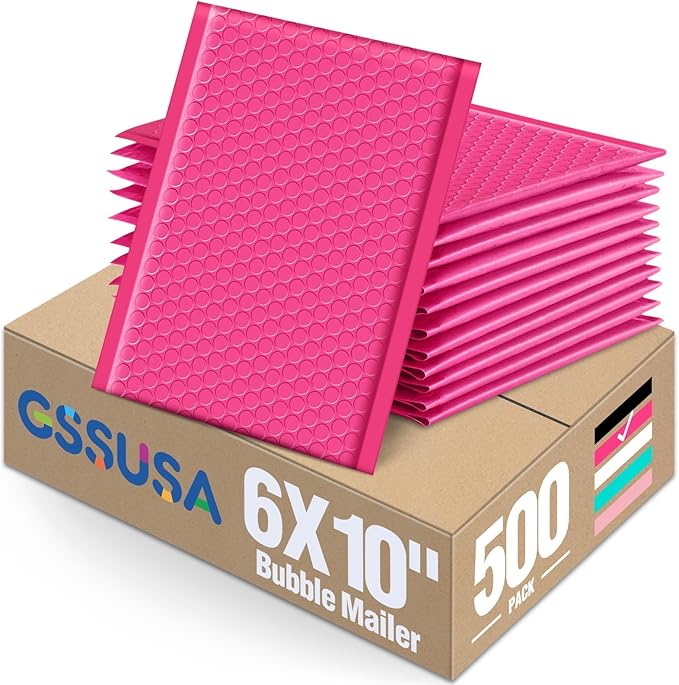 GSSUSA Pink Bubble Mailers 6X10 Inches 500 Pack, Padded Poly Bubble Mailer, Small Padded Envelopes Strong Adhesion Bubble Envelopes,Self-Seal Mailing Envelopes for Small Business,Package Supplies