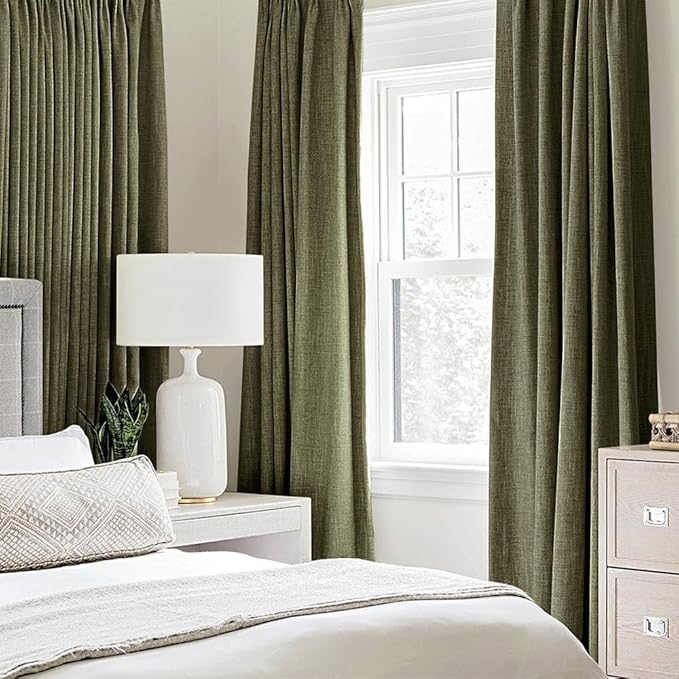 MIULEE Linen Texture Curtains for Bedroom Solid 100% Blackout Thermal Insulated Light Olive Green Curtains Grommet Room Darkening Drapes for Living Room Nursery 52x72 Inch (2 Panels)