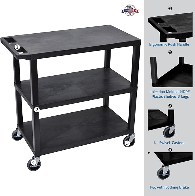 Luxor EC222-B Multipurpose Utility Cart, 32" x 18", 1.62" Thick Flat Shelves, Ergonomic Push Handle, 4" Full-swivel Casters, Locking Brake, 300 lbs Max Capacity, Black