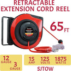 65Ft Heavy Duty Cord Reel, Retractable Extension Cord, 12AWG/3C SJTOW, Lighted Triple Tap Outlets 15A Circuit Breaker, Wall/Ceiling Mounted, Adjustable Stopper UL Listed Red