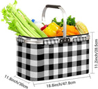 Plaid Collapsible Market Basket, White Black Stripe Leakproof Folding Collapsible Portable Picnic Basket Strong Aluminum Frame for Travel, Shopping, Camping & Lake Trips