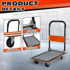 Orange Folding Platform Hand Truck 330 lbs Capacity, Heavy Duty Steel Flatbed Dolly with 360° Silent Wheels, Foldable Push Cart for Warehouse, Home, and Office Use