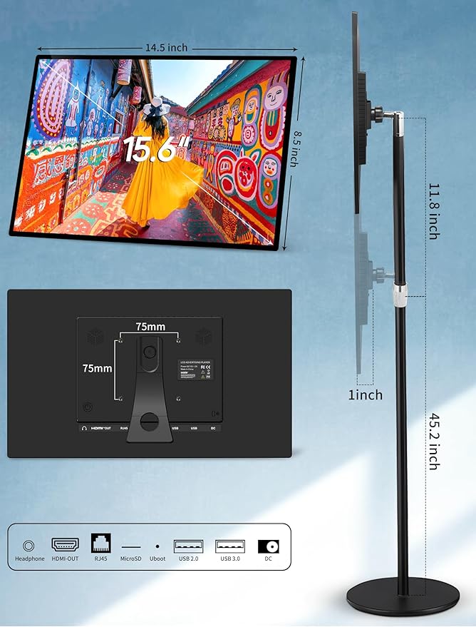 15.6" Digital Signage Capacitive Touchscreen Advertising Display with Adjustable Stand, 10000mAh Battery, Android 11 Commercial LCD Monitor with Auto Play, Wireless Screen Mirroring, 4+64GB