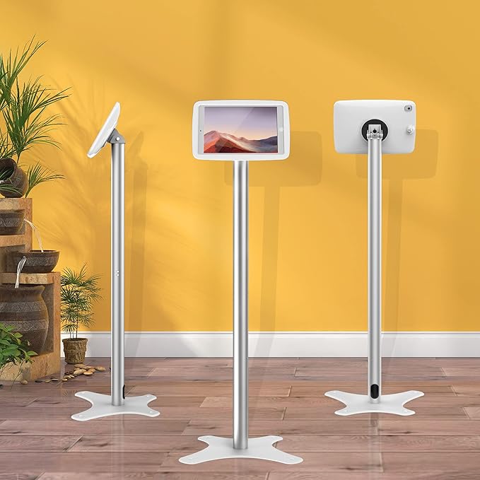 Tablet Kiosk Floor Stand Adjustable - Compatible with 10.2" iPad 7 8 9th, 120 Degree Rotate Lockable Tablet Enclosure+Aluminum Pole+Metal Base