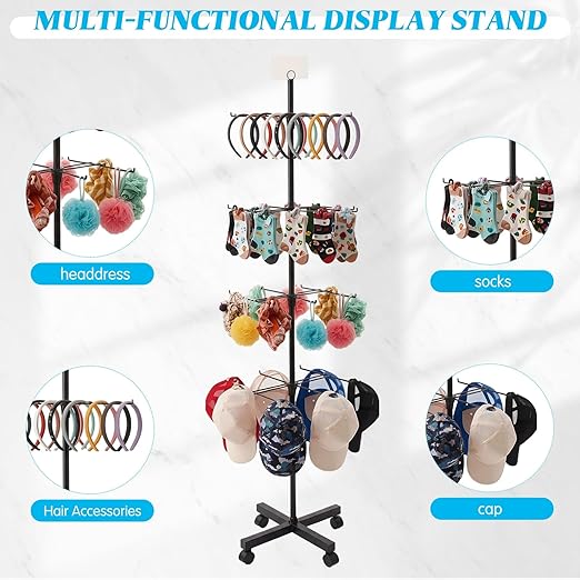 Ripeng 1 Pcs 4‑Tier Retail Display Stand – Rotating Display Rack with Wheels for Jewelry Keychains Socks Hats – Adjustable Movable Shop Spinner for Craft Shows Vendor Events & Stores Accessories,Black