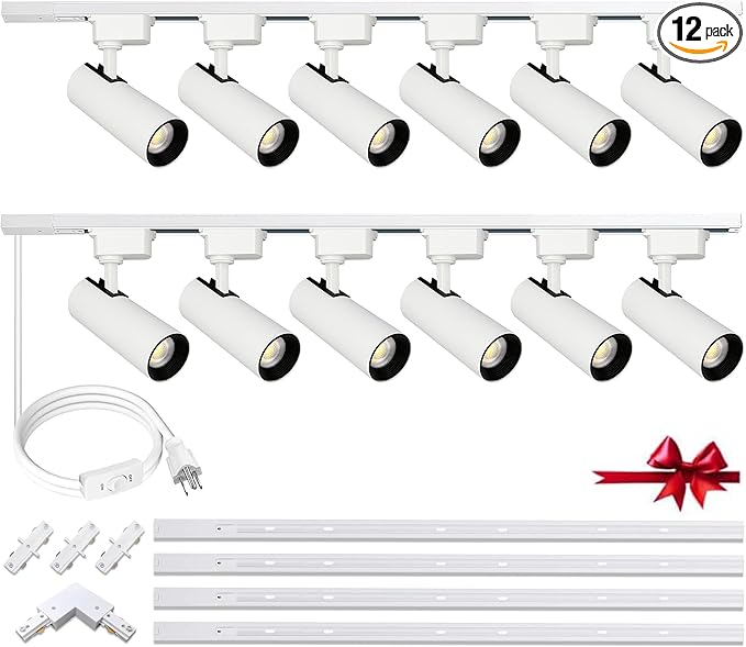 Super Brightness 6000K Cool Light Dimmable Brightness 25W 2000lm H Type LED White Track Lighting Kit System with 13 FT Track Rails, Ceiling Spotlight Fixture with Installation Package