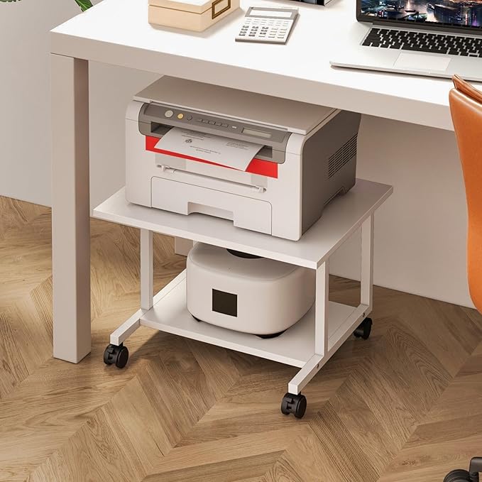 Livofloral Under Desk Printer Stand, 20.5 x 15.7 Inches Printer Table for Home Office, Printer Cart with Wheels and Storage Shelf, Rolling Industrial Printers Cart, White