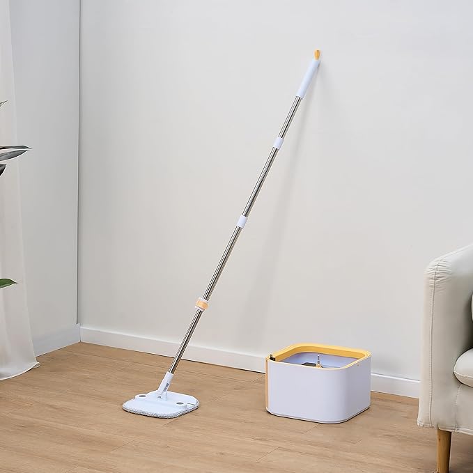 True & Tidy® TrueClean Mop and Bucket System Plus with New Easy Lift Inner Bucket, Self Wringing, Separates Clean from Dirty Water, Folding Mop Head, Dual Brush System, 8-pc Machine Washable Mop Pads