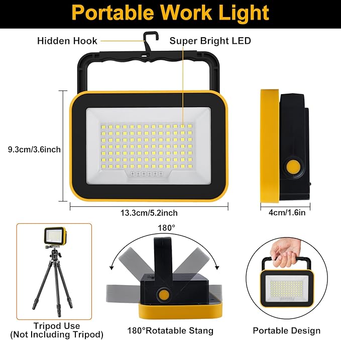 2 Pack 40W Rechargeable Work Light, 2400LM LED Work Light Battery Powered, Portable Flood Light with Stand Waterproof Job Site Lighting for Camping, Fishing, Hiking, Car Repaire with Emergency