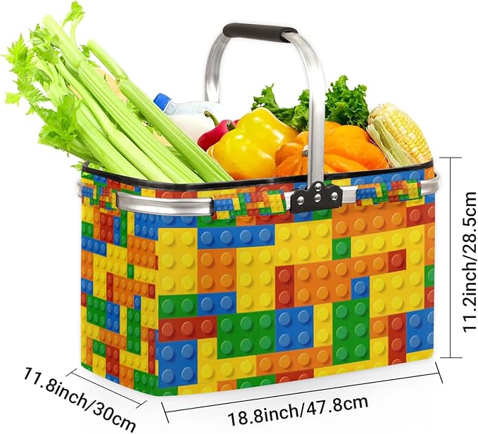 Collapsible Picnic Basket with Handle, Shopping Basket Aluminum Frame, Grocery Baskets Tote for Women, Farmers Market Basket, Harvest Baskets Camping Portable Beach Bag (Colorful Building Blocks)