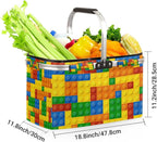 Collapsible Picnic Basket with Handle, Shopping Basket Aluminum Frame, Grocery Baskets Tote for Women, Farmers Market Basket, Harvest Baskets Camping Portable Beach Bag (Colorful Building Blocks)