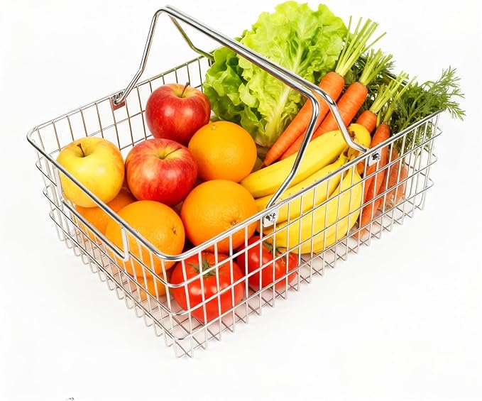 Small Picnic Baskets, Wire Baskets for Organizing with Foldable Handle - 12.6"x9.1"x5", Sturdy Stainless Steel Storage Baskets for Outdoor Picking, Picnic, Kitchen & Fridge & Cabinet Organizer(1, S)