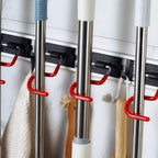 QBOSO Wall Mounted Mop and Broom Holder Stainless Steel S Type Broom Rack Anti-Slip Mop Organizer (17 Inches,4 Positions 3 Hooks, Red black) (17inch)