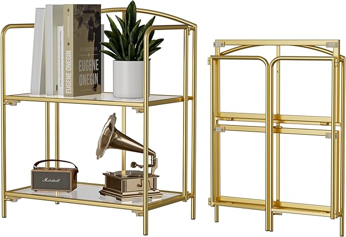 Crofy No Assembly Folding Bookshelf for Living Room, 2 Tier Gold Collapsible Book Shelf for Home Office, Portable Bookcase Storage Organizer