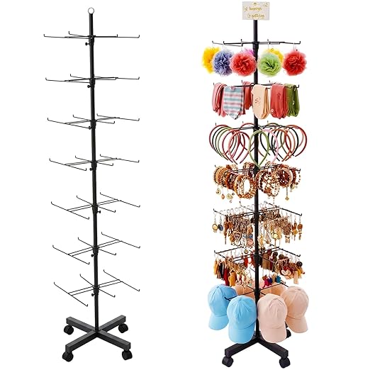 Ripeng 1 Pcs 7‑Tier Retail Display Stand – Rotating Display Rack with Wheels for Jewelry Keychains Socks Hats – Adjustable Movable Shop Spinner for Craft Shows Vendor Events & Stores Accessories,Black