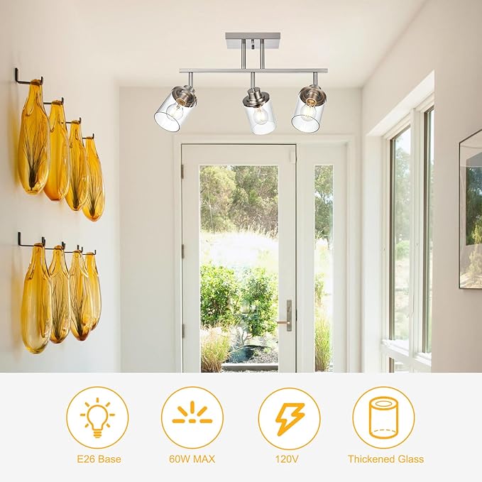 Yaohong 3-Light Track Lighting Kit Brushed Nickel Track Lighting Fixtures, Bathroom Wall Light Ceiling Mount Rotatable Spotlights, Kitchen Ceiling Light Fixtures with Glass Shade for Bathroom Hallway