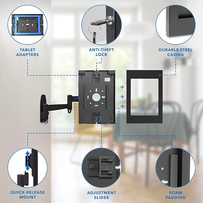 Mount-It! Anti-Theft Tablet Kiosk Wall Mount Compatible with iPad 10, 9, 8, Pro 10.5, Air 10.5, Secure Locking Tablet Enclosure for iPad, Steel Full Motion Wall Mounted Kiosk, Black