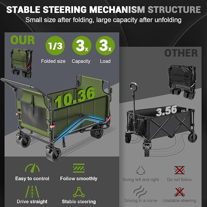 LEVELEVE Heavy Duty Folding Wagon - 2-in-1 Collapsible Cart, 650lb Capacity, All-Terrain Wheels w/Brakes & Side Pockets (Army Green)