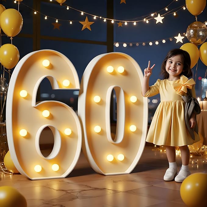 Marquee Numbers 3 Feet Tall Large Light Up Numbers 60th Birthday Decorations Women Men Big Yellow Light Outdoor Anniversary Decorations Balloon Arch Kit Party Backdrop 60