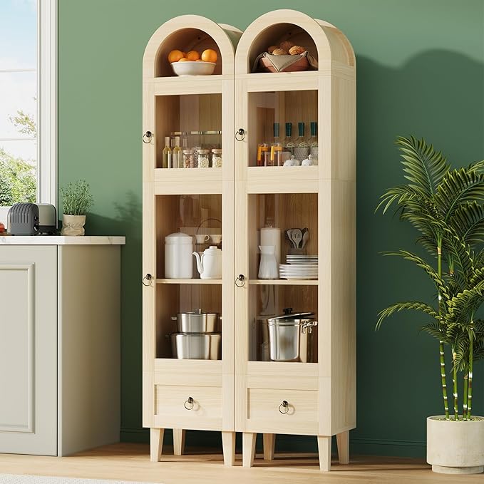 71” Tall Arched Pantry Cabinet with Glass Door, Display Cabinet Organizer with Drawer, Versatile Pantry with Top-Opening Storage Container for Living, Kitchen Dining Room, Natural
