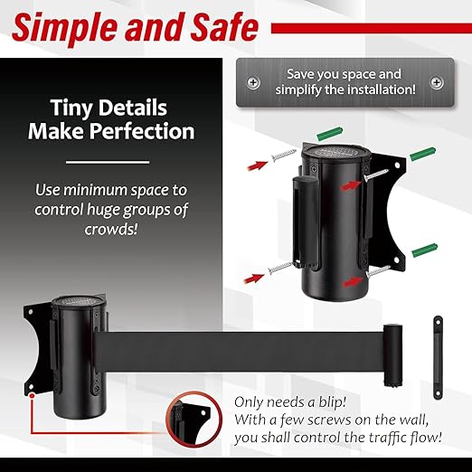 DuraSteel Wall Mount Crowd Control Retractable Belt Barrier - 9.2 Ft Black Retractables Barrier Belt, Crowd Control Barriers Do Not Enter Line Dividers for Crowds NOT Stanchions with Retractable Belts