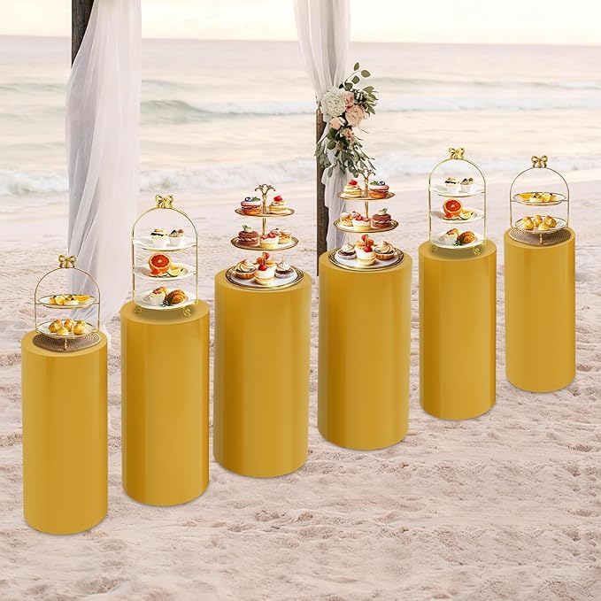 Eapmic Pedestal Stands for Party, Cake Pedestal Stand, Dessert Table Display Plinth Pillars, Sculpture Display Column Decoration Cube for Wedding Birthday (Gold, Cylinder-6Pcs(27.56"+26"+23.62"))
