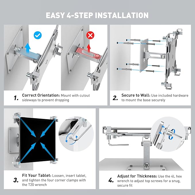 AboveTEK Universal Tablet Wall Mount, Anti-Theft iPad Mount with Locking Enclosure for 9.7"-13" Screen, Heavy-Duty Aluminum Kiosk for Business POS Display, Adjustable 360° Swivel & Tilt VESA Mount