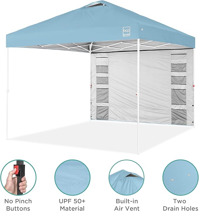 Best Choice Products 10x10ft Easy Pop Up Canopy w/Side Wall, 10 Pockets, Portable Carrying Case, 1-Button Setup, 4 Weight Bags - French Blue/White