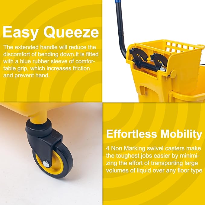 Kefanta 35 Qt Side Press Wringer Combo Commercial Mop Bucket on Wheels Set,Yellow,Include 1 Heavy Duty Industrial Mop for Floor Cleaning and Wet Floor Caution Sign