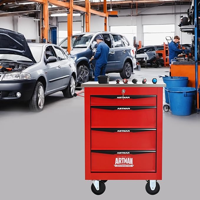 4-Drawer Heavy-Duty Rolling Tool Chest with Wheels & Steel Roof, Lockable Tool Chest Storage Cabinet for Garage, Workshop, Warehouse, and Repair Shop